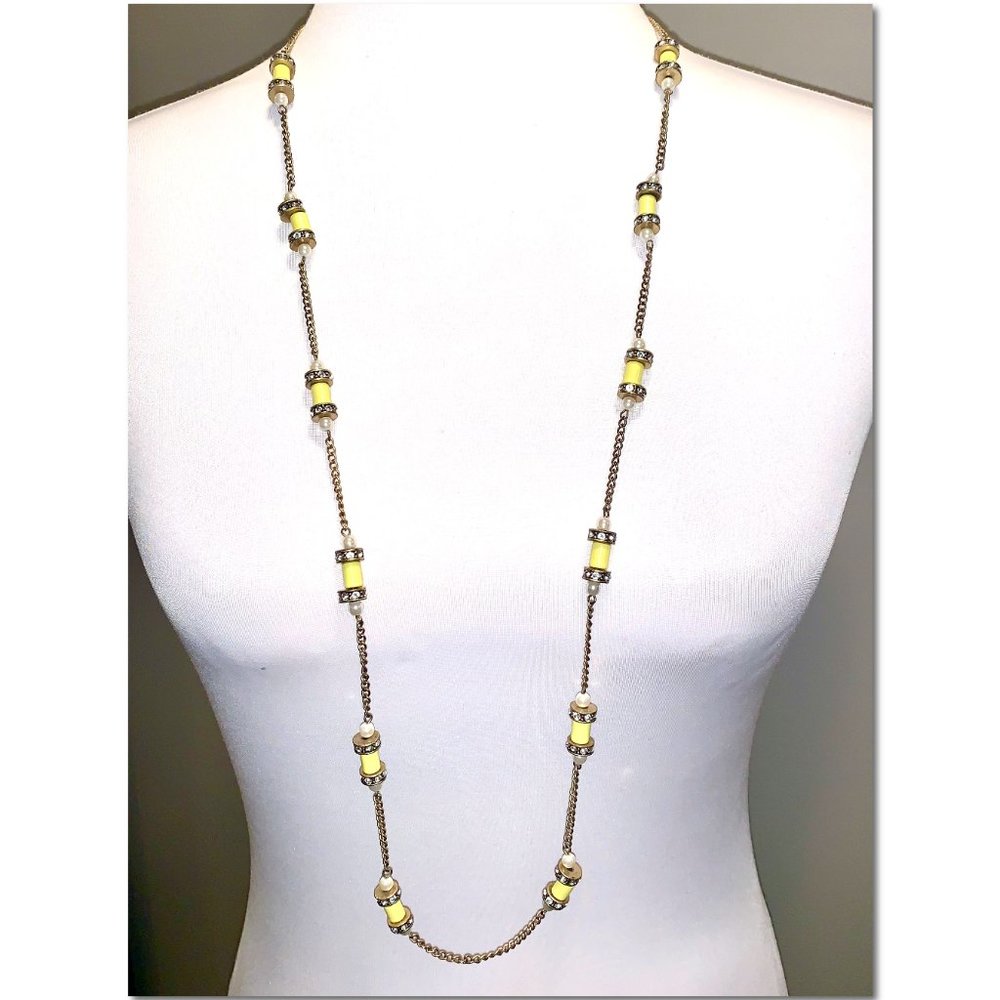 J. Crew Gold Yellow Crystal Faux Peal Long Statement Necklace EUC